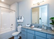 Thumbnail 19 of 32 - blue and white bathroom with a shower toilet  at Bellary Flats Apartments, Summerville , South Carolina