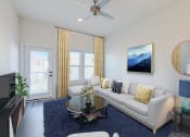 Thumbnail 11 of 23 - a living room with a white couch and a coffee table