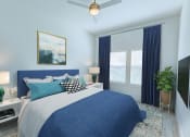 Thumbnail 14 of 23 - a blue and white bedroom with a bed and a ceiling fan