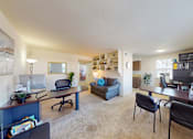 Thumbnail 12 of 19 - a living area with wall-to-wall carpeting and built-in bookshelves