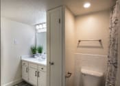 Thumbnail 23 of 47 - Bathroom in a 1-bedroom apartment at Cambridge Court Apartments in Dallas, Texas, showing vanity storage, mirror, toilet, towel bar, and tub/shower area.