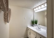 Thumbnail 25 of 47 - Bathroom vanity in a 1-bedroom apartment at Cambridge Court Apartments in Dallas, Texas, featuring a wide counter, double-sink vanity, mirror, and overhead lighting.