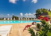 Thumbnail 58 of 82 - A pool surrounded by white lounge chairs and flowers at Fairfield Pointe Apartments in Fairfield, Ohio.