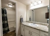 Thumbnail 24 of 43 - This is a photo of the primary bathroom in the 965 square foot 2 bedroom, 2 bath  apartment at Harvard Square Apartments, in Dallas, TX.