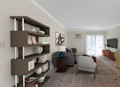 Thumbnail 10 of 38 - This is a photo of the digitally staged living room of a 742 square foot, 2 bedroom apartment at Romaine Court Apartments in the Oakley neighborhood of Cincinnati, Ohio.