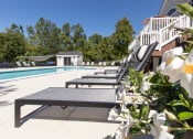 Thumbnail 15 of 98 - a pool with benches and flowers next to a swimming pool