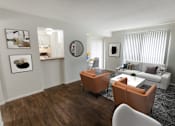 Thumbnail 13 of 34 - A living room with a white couch and orange chairs.