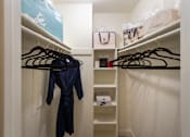Thumbnail 17 of 44 - Bedroom walk-in closet with a blue robe hanging  and built-in shelving in the 558 square foot 1 bedroom, 1 bath model apartment at The Summit at Midtown Apartments in the Dallas Midtown neighborhood of Dallas, TX.