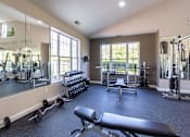 Thumbnail 51 of 75 - A well-equipped gym with a variety of exercise machines and weights.