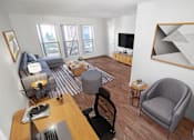 Thumbnail 1 of 31 - This is a photo of a virtually staged living room in the 751 square foot 1 bedroom, 1 bath apartment at Woodbridge Apartments in Dallas, TX.