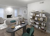 Thumbnail 5 of 31 - This is a photo of a virtually staged living room in the 751 square foot 1 bedroom, 1 bath apartment with fireplace at Woodbridge Apartments in Dallas, TX.