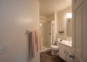 Thumbnail 38 of 57 - This is a photo of the primary bathroom of the 1100 square foot 2 bedroom Kettering floor plan at Washington Park Apartments in Centerville, OH.