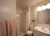 Thumbnail 39 of 57 - This is a photo of the primary bathroom of the 1100 square foot 2 bedroom Kettering floor plan at Washington Park Apartments in Centerville, OH.