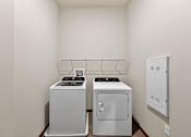 Thumbnail 13 of 50 - A small laundry room with a washer and dryer.