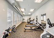 Thumbnail 3 of 31 - A gym with a variety of equipment including treadmills, stationary bikes, and rowing machines.