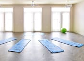 Thumbnail 28 of 40 - A yoga studio with blue mats and exercise balls at Velocity Apartments, Des Moines, IA, 50309