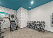 Thumbnail 49 of 57 - a gym with weights and a treadmill in the corner of a room at Rialto Townhomes Apartments, Waukee