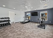 Thumbnail 32 of 53 - A spacious gym with a variety of equipment including dumbbells, a treadmill, and a weight bench.