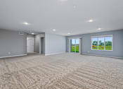 Thumbnail 15 of 53 - A large empty room with carpeted floor and a view of greenery outside the window.