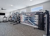 Thumbnail 38 of 53 - A home gym with a large wall mural and various exercise equipment.