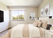 Thumbnail 11 of 24 - A bedroom with a large bed and a window showing trees outside at Hunters Run Apartments, Newton, Iowa