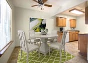 Thumbnail 6 of 24 - A dining room with a white table and chairs at Hunters Run Apartments, Newton, IA
