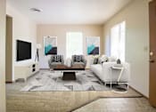 Thumbnail 2 of 24 - A living room with a white couch, a coffee table, and a television at Hunters Run Apartments, IA, 50208