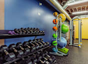 Thumbnail 17 of 25 - A gym with a rack of black dumbbells and a green exercise ball at Spaulding Lofts Apartments, Grinnell