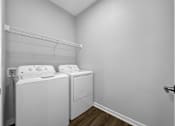 Thumbnail 26 of 57 - a washer and dryer in a room with a white wall and a shelf at Rialto Townhomes Apartments, Iowa, 50263