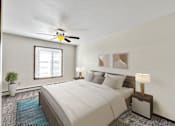 Thumbnail 4 of 33 - A bedroom with a bed, two lamps, a ceiling fan, and a potted plant at Penbrooke Place Apartments, South Dakota, 57106