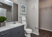 Thumbnail 10 of 31 - A bathroom with a toilet, sink, and a mirror at Vue Apartments, Des Moines, Iowa