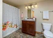 Thumbnail 9 of 35 - a bathroom with a toilet sink and shower and a mirror at Melbourne Apartments, IA, 50320
