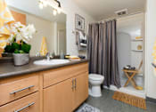 Thumbnail 16 of 42 - a bathroom with a shower and a sink and a toilet at Eagle View Lofts, Des Moines, 50309