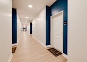 Thumbnail 18 of 28 - A hallway with blue walls and a white door.