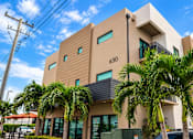 Thumbnail 41 of 48 - A modern building with palm trees in front.