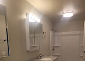 Thumbnail 14 of 17 - A bathroom with a sink, mirror, and toilet.