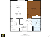 Thumbnail 36 of 41 - A floor plan of a one-bedroom apartment with a living room, dining area, kitchen, and bathroom.