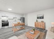 Thumbnail 1 of 16 - A modern kitchen with a wooden coffee table in the middle.