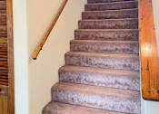 Thumbnail 7 of 53 - A staircase with a wooden handrail and beige carpeted steps.
