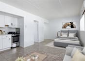 Thumbnail 3 of 26 - a white living room with a bed and a kitchen