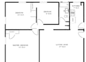 Thumbnail 41 of 49 - A black and white image of a house floor plan with a living room, two bedrooms, a kitchen, and a bathroom.