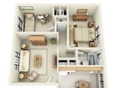 Thumbnail 40 of 49 - A 3D floor plan of a small apartment with a kitchen, living room, and bedroom.