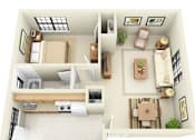 Thumbnail 38 of 49 - A 3D floor plan of a small apartment with a kitchen, living room, and bedroom.