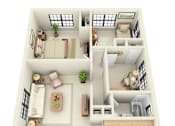 Thumbnail 39 of 49 - A 3D floor plan of a small apartment with a kitchen, living room, and bedroom.