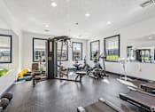 Thumbnail 61 of 65 - A spacious gym with a variety of equipment including a treadmill, exercise bike, and weight machines.