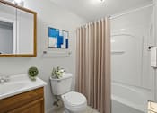 Thumbnail 14 of 38 - A bathroom with a white toilet, a sink, a shower, and a painting on the wall.