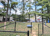 Thumbnail 12 of 15 - A playground with a blue slide and a fence.