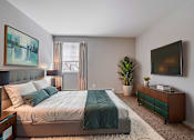 Thumbnail 6 of 38 - A bedroom with a bed, nightstand, and a plant.