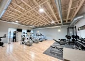 Thumbnail 21 of 46 - a gym with cardio machines and weights on a wooden floor