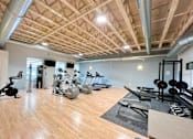 Thumbnail 18 of 46 - a gym with cardio equipment and weights on a wooden floor